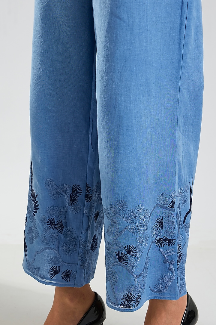Steel Indigo Blue Handloom Cotton Embroidered Pants by Peachoo at Pernia's Pop Up Shop