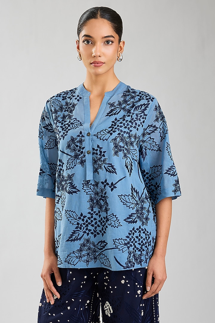 Steel & Indigo Handloom Cotton Cutwork Top by Peachoo at Pernia's Pop Up Shop