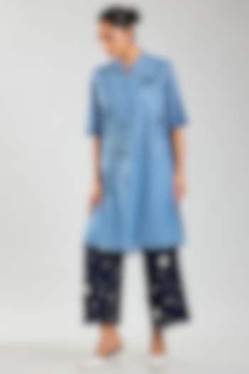 Steel & Indigo Handloom Cotton Cutwork Tunic by Peachoo at Pernia's Pop Up Shop