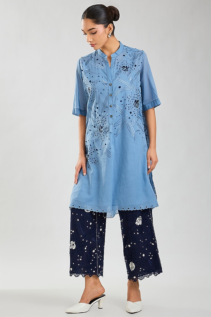 Steel & Indigo Handloom Cotton Cutwork Tunic by Peachoo at Pernia's Pop Up Shop