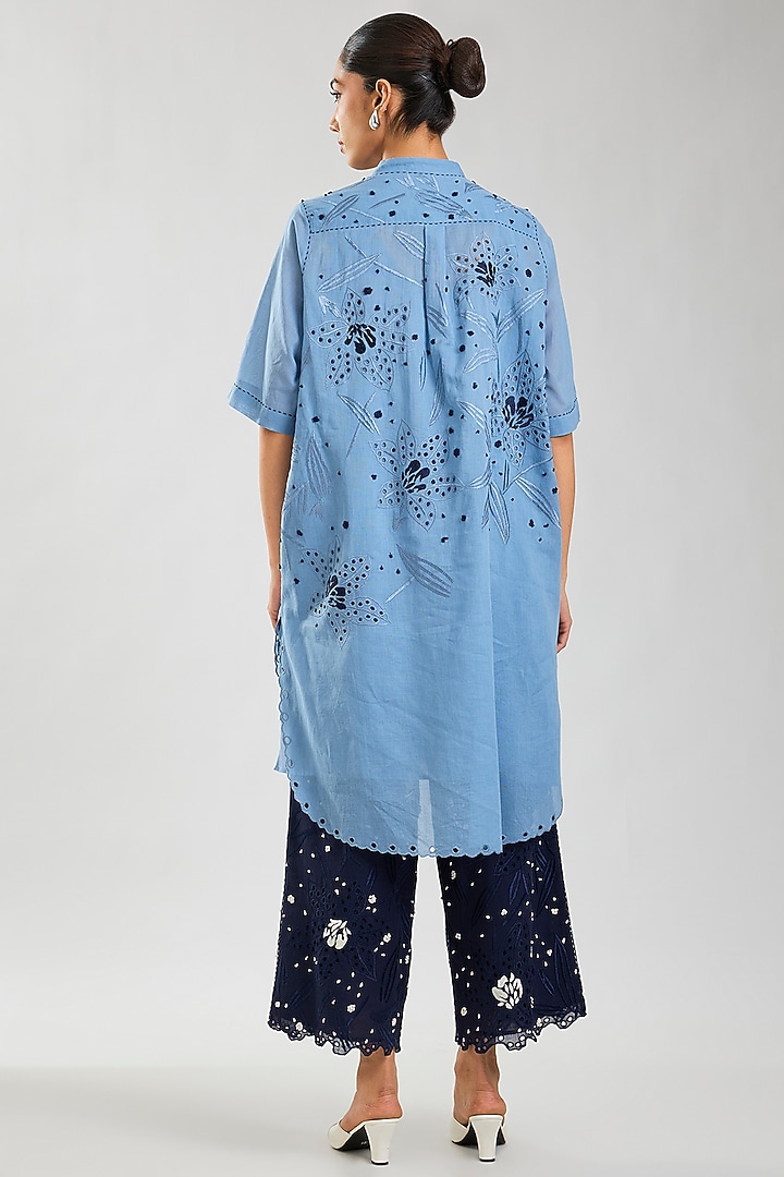 Steel & Indigo Handloom Cotton Cutwork Tunic by Peachoo at Pernia's Pop Up Shop