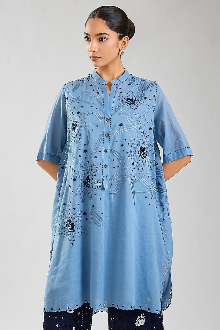 Steel & Indigo Handloom Cotton Cutwork Tunic by Peachoo at Pernia's Pop Up Shop