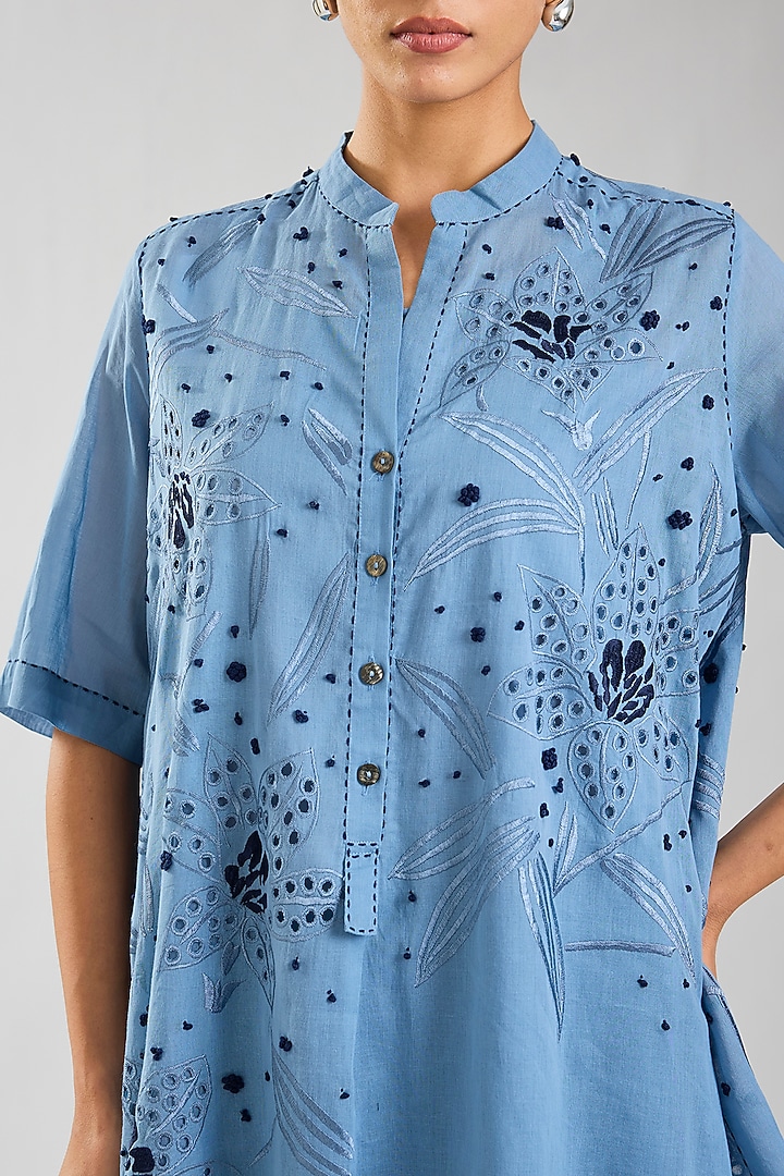 Steel & Indigo Handloom Cotton Cutwork Tunic by Peachoo at Pernia's Pop Up Shop