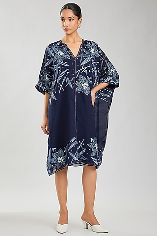 Indigo & Steel Handloom Cotton Cutwork Kaftan Dress by Peachoo