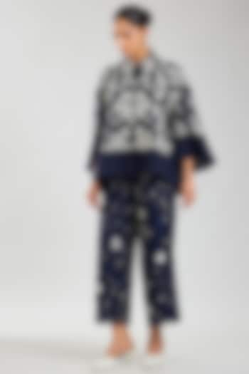 Indigo & Ecru Handloom Cotton Cutwork Jacket by Peachoo at Pernia's Pop Up Shop