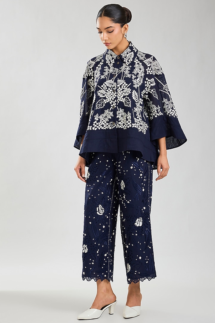 Indigo & Ecru Handloom Cotton Cutwork Jacket by Peachoo at Pernia's Pop Up Shop