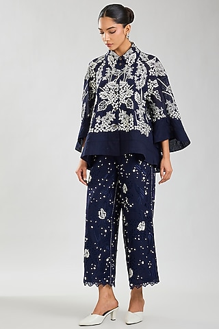 Indigo & Ecru Handloom Cotton Cutwork Jacket by Peachoo