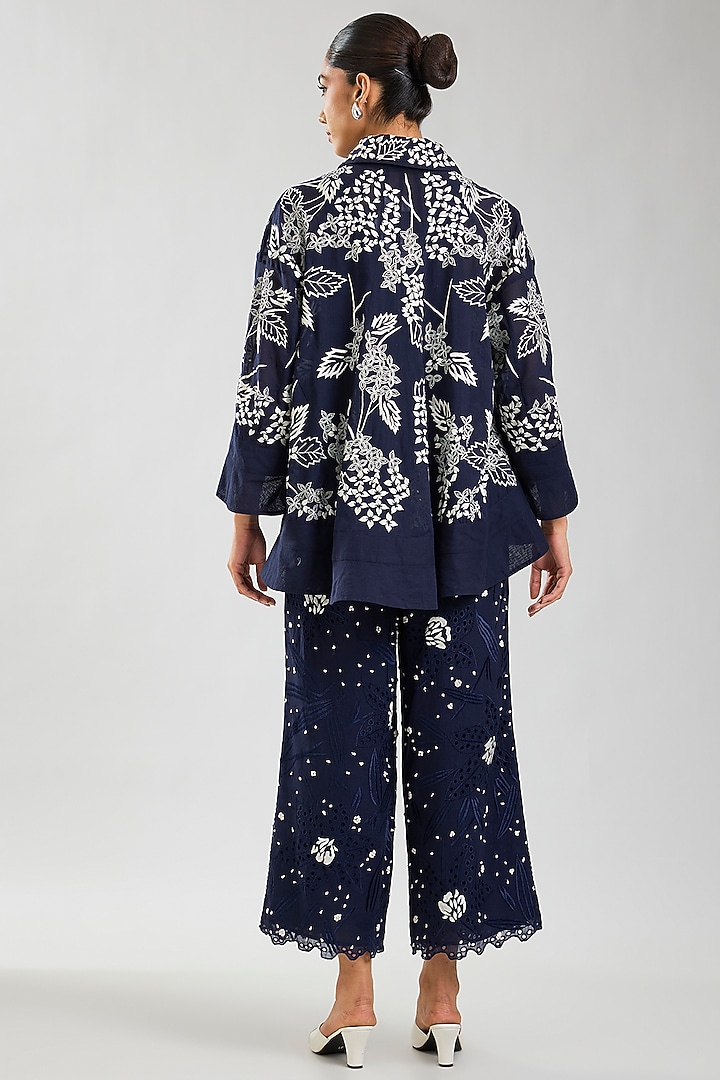 Indigo & Ecru Handloom Cotton Cutwork Jacket by Peachoo at Pernia's Pop Up Shop