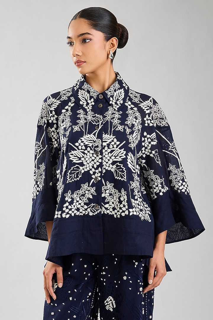 Indigo & Ecru Handloom Cotton Cutwork Jacket by Peachoo at Pernia's Pop Up Shop