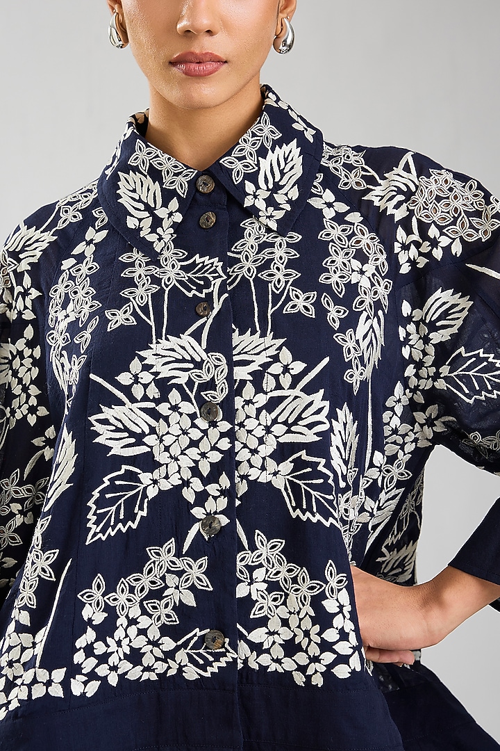 Indigo & Ecru Handloom Cotton Cutwork Jacket by Peachoo at Pernia's Pop Up Shop