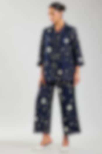 Indigo & Ecru Handloom Cotton Cutwork Jacket by Peachoo at Pernia's Pop Up Shop