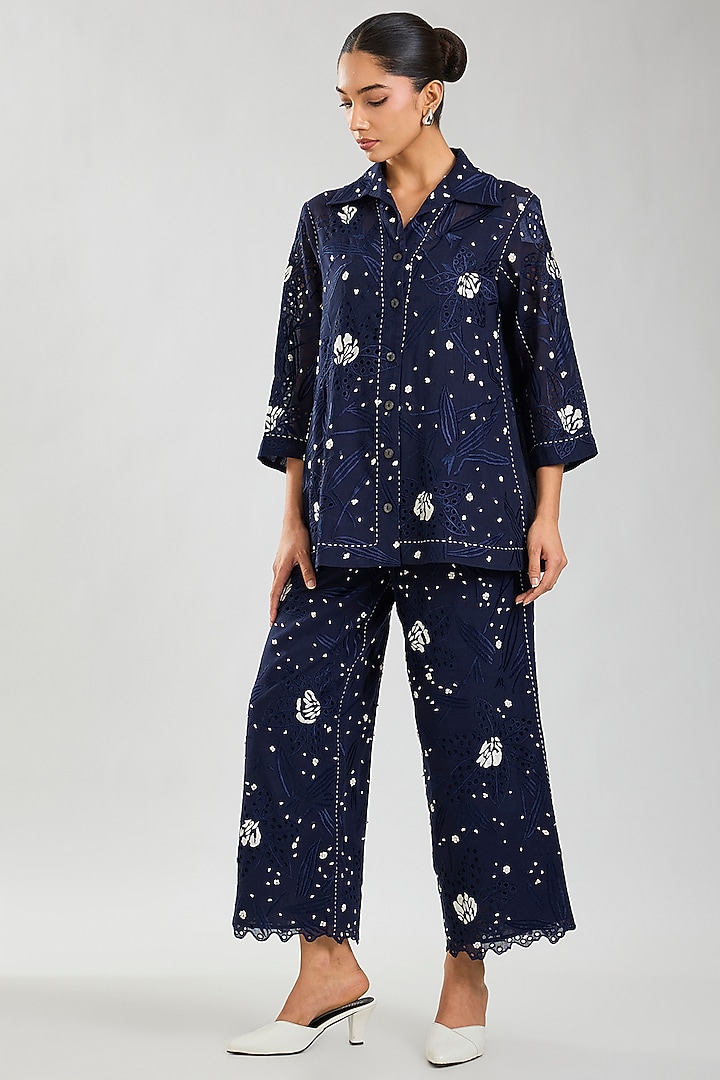 Indigo & Ecru Handloom Cotton Cutwork Jacket by Peachoo at Pernia's Pop Up Shop