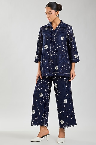 Indigo & Ecru Handloom Cotton Cutwork Jacket by Peachoo