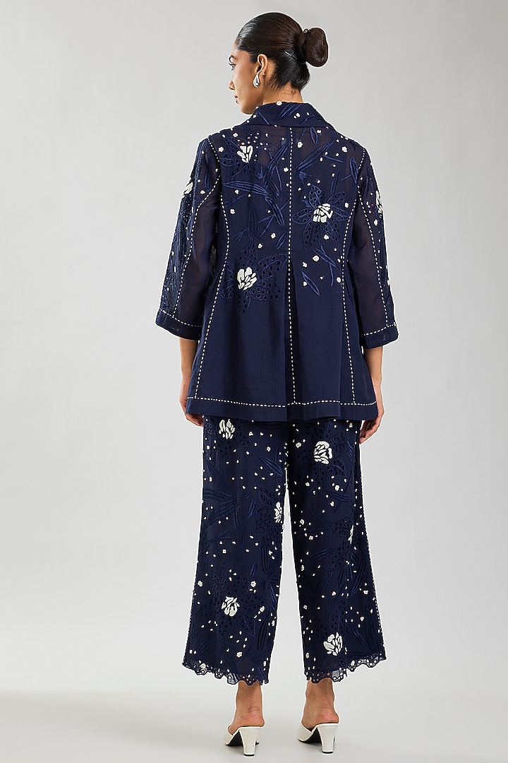Indigo & Ecru Handloom Cotton Cutwork Jacket by Peachoo at Pernia's Pop Up Shop