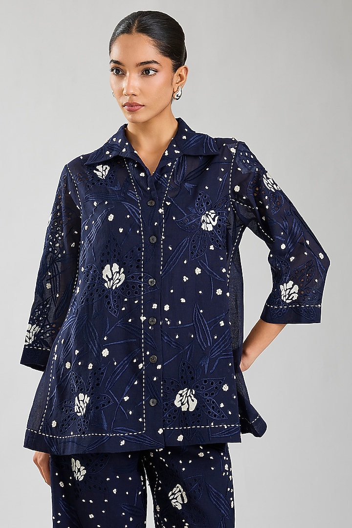 Indigo & Ecru Handloom Cotton Cutwork Jacket by Peachoo at Pernia's Pop Up Shop