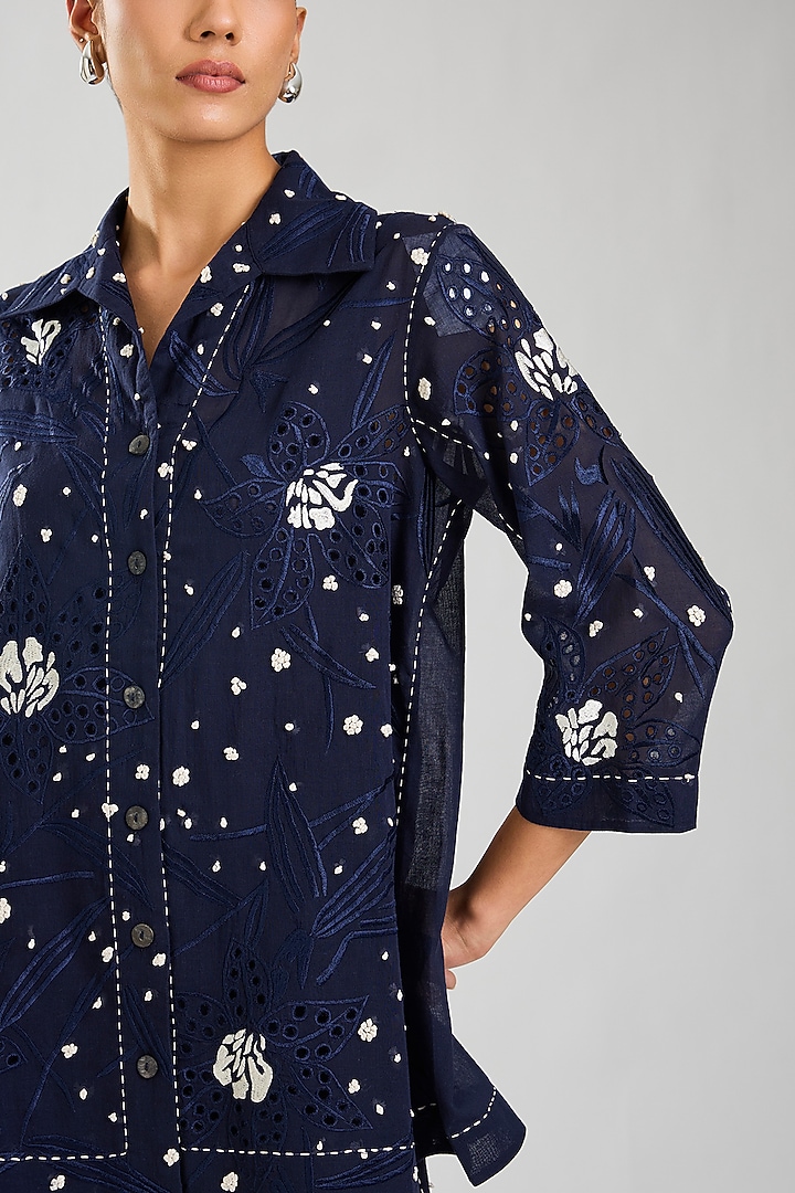 Indigo & Ecru Handloom Cotton Cutwork Jacket by Peachoo at Pernia's Pop Up Shop