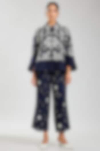 Indigo & Ecru Handloom Cotton Cutwork Pants by Peachoo at Pernia's Pop Up Shop