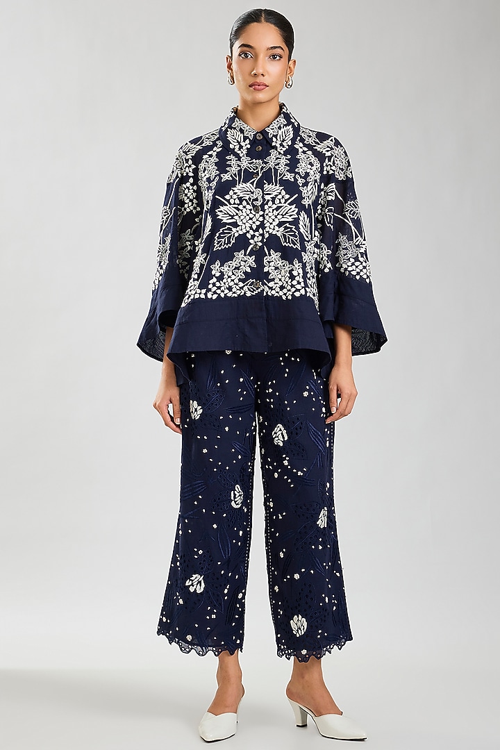 Indigo & Ecru Handloom Cotton Cutwork Pants by Peachoo at Pernia's Pop Up Shop