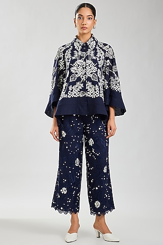 Indigo & Ecru Handloom Cotton Cutwork Pants by Peachoo