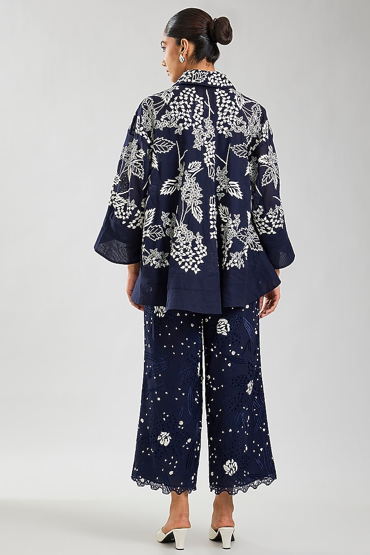 Indigo & Ecru Handloom Cotton Cutwork Pants by Peachoo at Pernia's Pop Up Shop