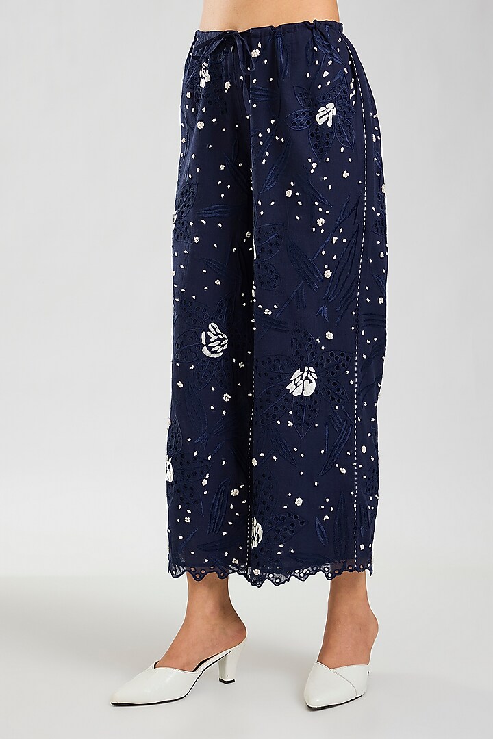 Indigo & Ecru Handloom Cotton Cutwork Pants by Peachoo at Pernia's Pop Up Shop