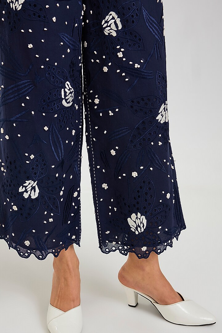 Indigo & Ecru Handloom Cotton Cutwork Pants by Peachoo at Pernia's Pop Up Shop