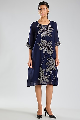 Indigo Blue Handloom Cotton Embroidered Kaftan Dress by Peachoo
