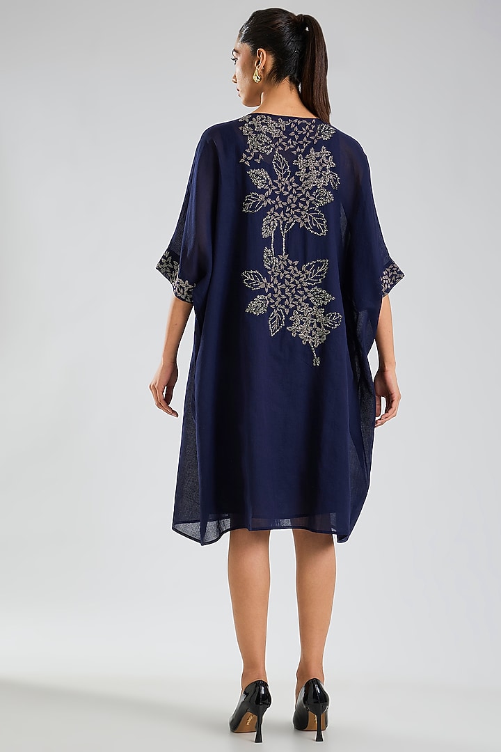 Indigo Blue Handloom Cotton Embroidered Kaftan Vacation Dress by Peachoo at Pernia's Pop Up Shop