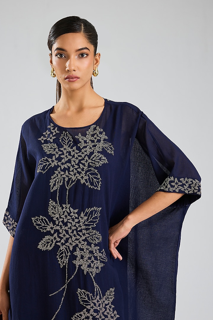 Indigo Blue Handloom Cotton Embroidered Kaftan Vacation Dress by Peachoo at Pernia's Pop Up Shop