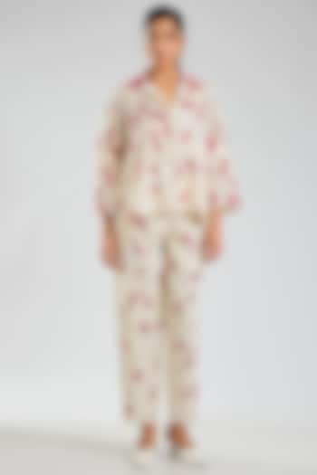 Ecru & Crimson Handloom Cotton Embroidered Jacket by Peachoo at Pernia's Pop Up Shop