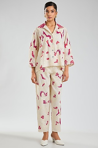 Ecru & Crimson Handloom Cotton Embroidered Jacket by Peachoo