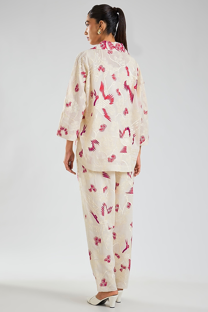 Ecru & Crimson Handloom Cotton Embroidered Jacket by Peachoo at Pernia's Pop Up Shop
