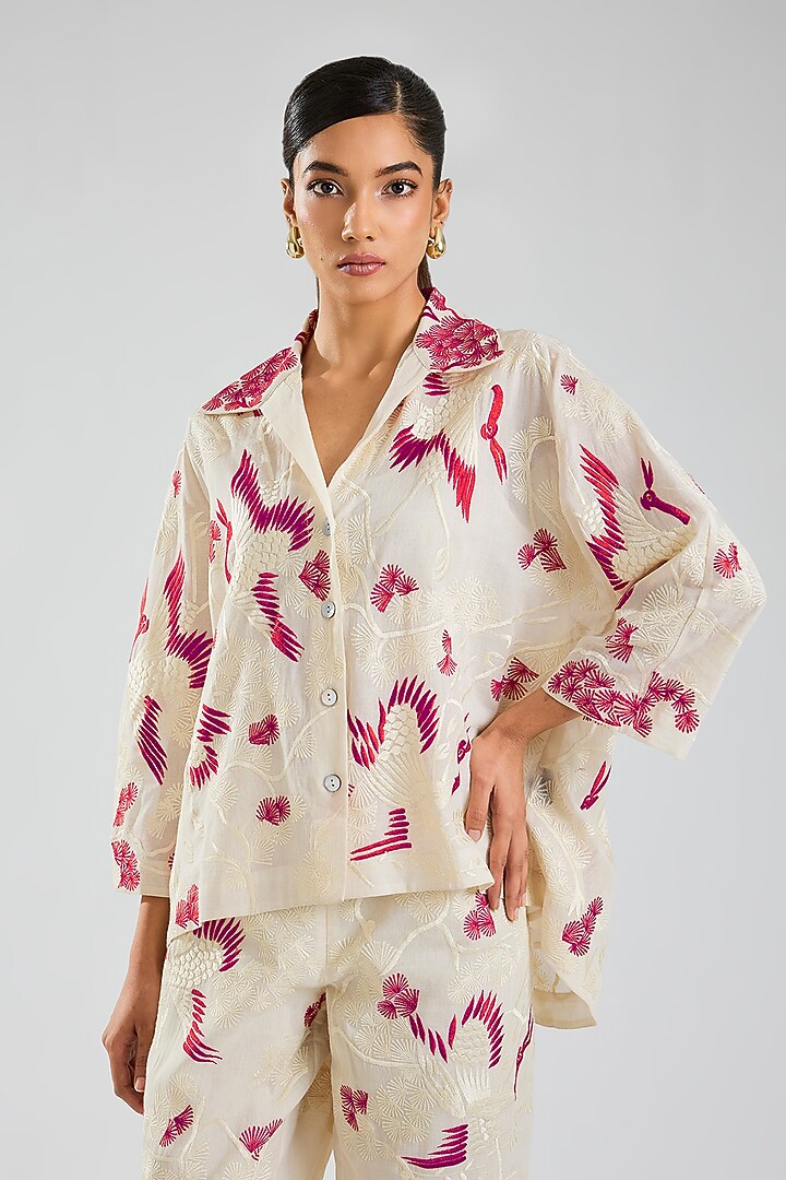 Ecru & Crimson Handloom Cotton Embroidered Jacket by Peachoo at Pernia's Pop Up Shop