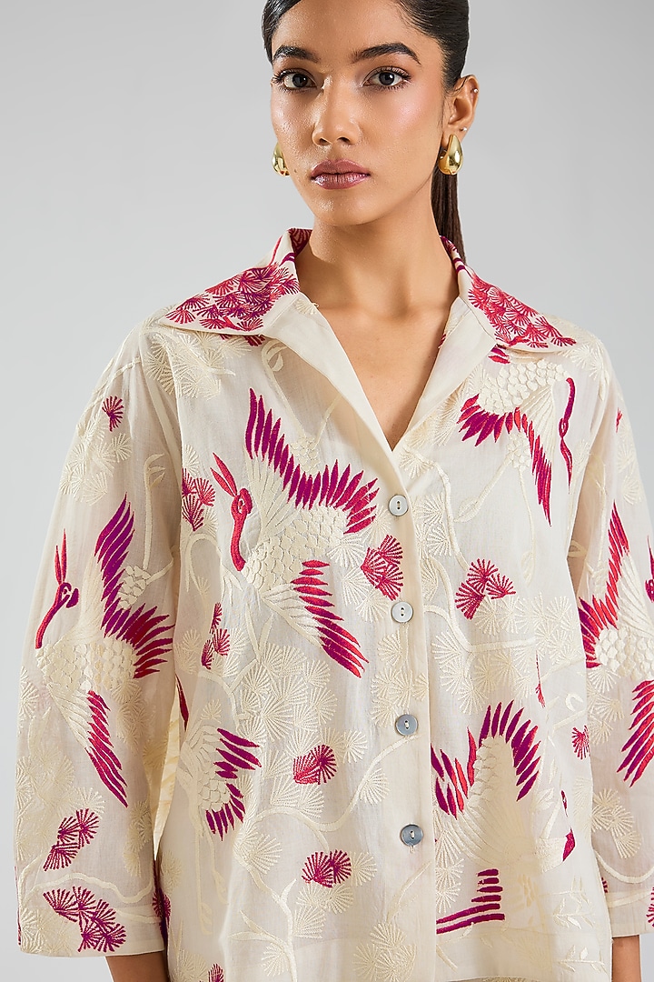 Ecru & Crimson Handloom Cotton Embroidered Jacket by Peachoo at Pernia's Pop Up Shop