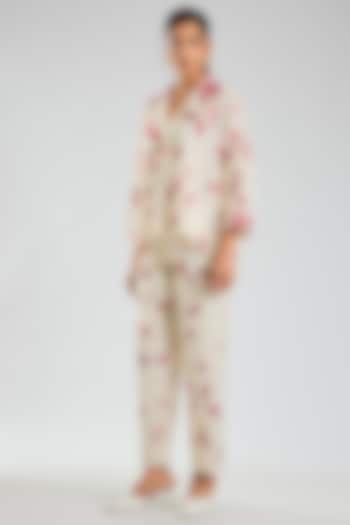 Ecru & Crimson Handloom Cotton Pants by Peachoo at Pernia's Pop Up Shop