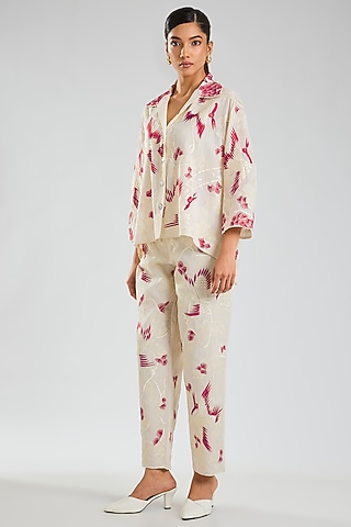 Ecru & Crimson Handloom Cotton Pants by Peachoo