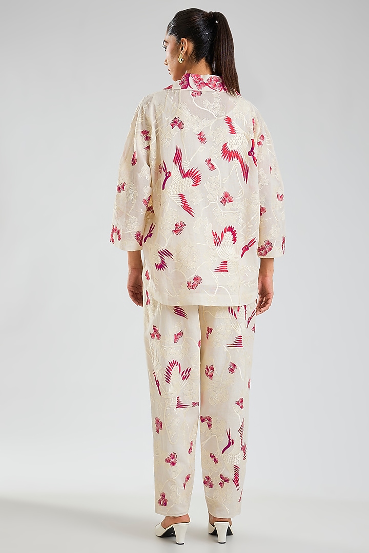 Ecru & Crimson Handloom Cotton Pants by Peachoo at Pernia's Pop Up Shop