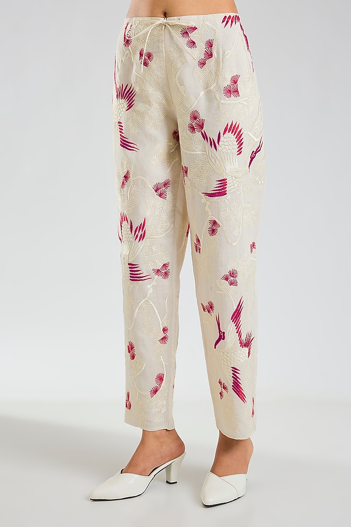 Ecru & Crimson Handloom Cotton Pants by Peachoo at Pernia's Pop Up Shop