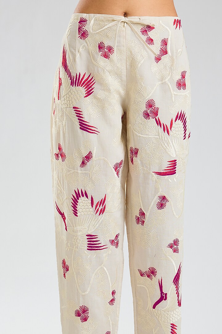 Ecru & Crimson Handloom Cotton Pants by Peachoo at Pernia's Pop Up Shop