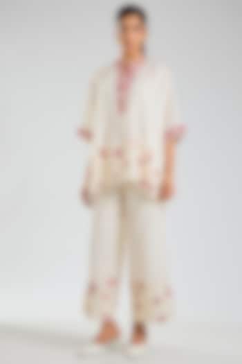 Ecru & Crimson Handloom Cotton Embroidered Top by Peachoo at Pernia's Pop Up Shop