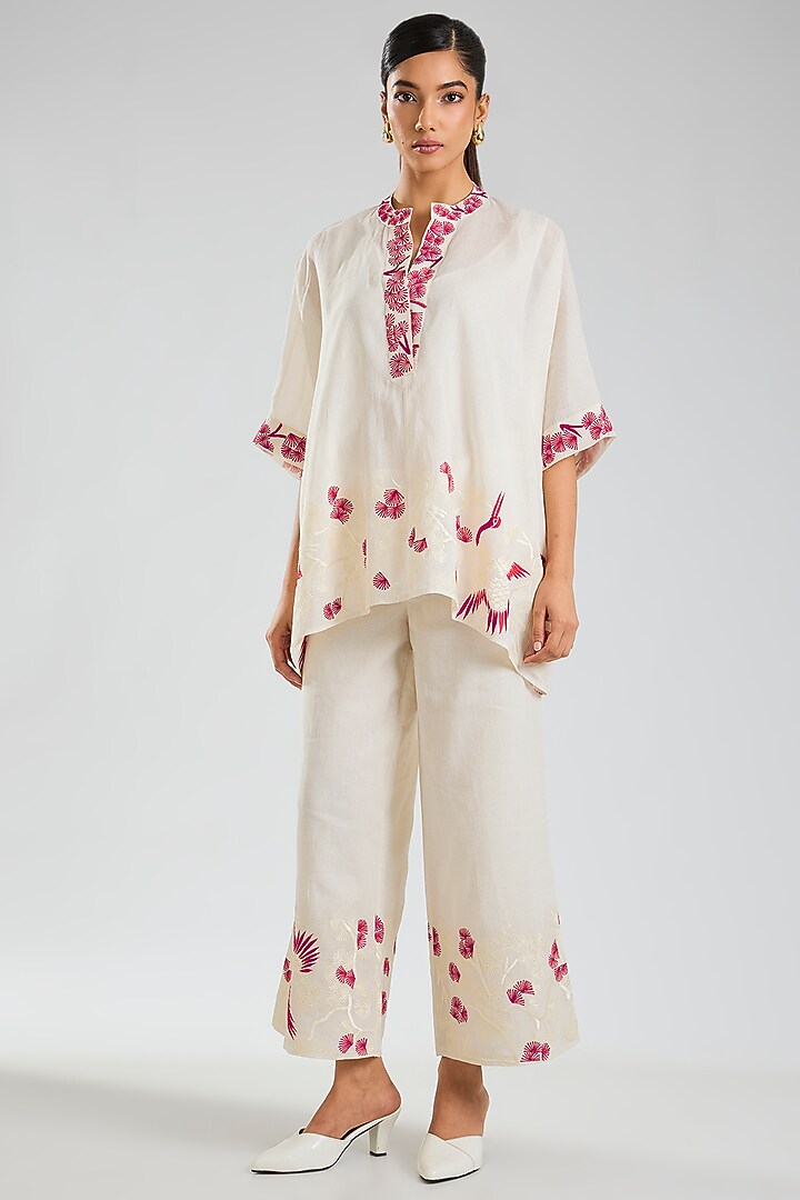 Ecru & Crimson Handloom Cotton Embroidered Top by Peachoo at Pernia's Pop Up Shop