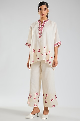 Ecru & Crimson Handloom Cotton Embroidered Top by Peachoo