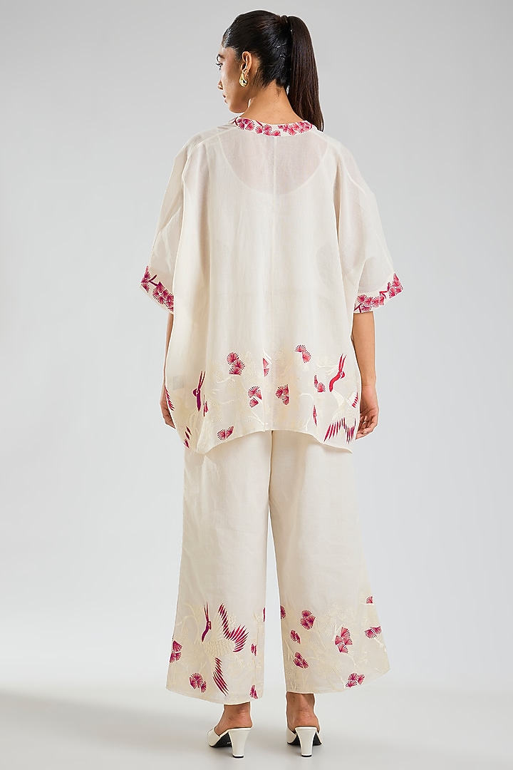 Ecru & Crimson Handloom Cotton Embroidered Top by Peachoo at Pernia's Pop Up Shop