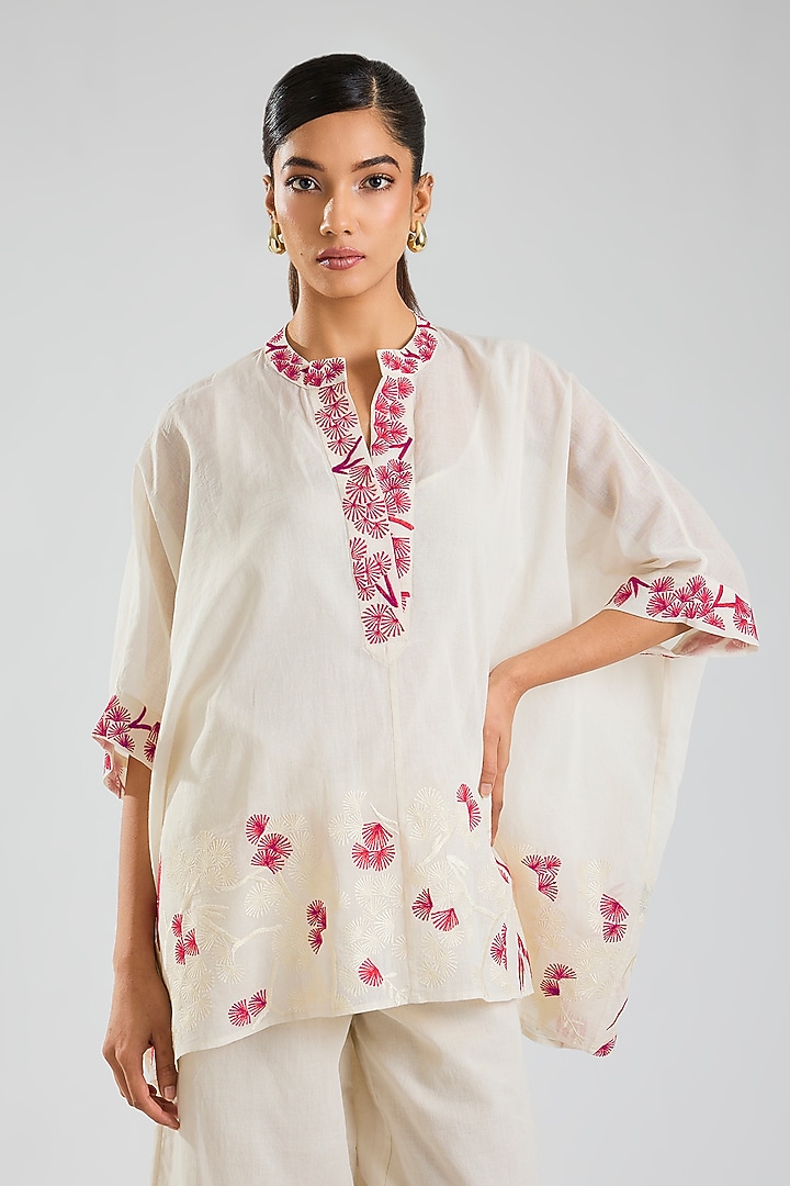 Ecru & Crimson Handloom Cotton Embroidered Top by Peachoo at Pernia's Pop Up Shop