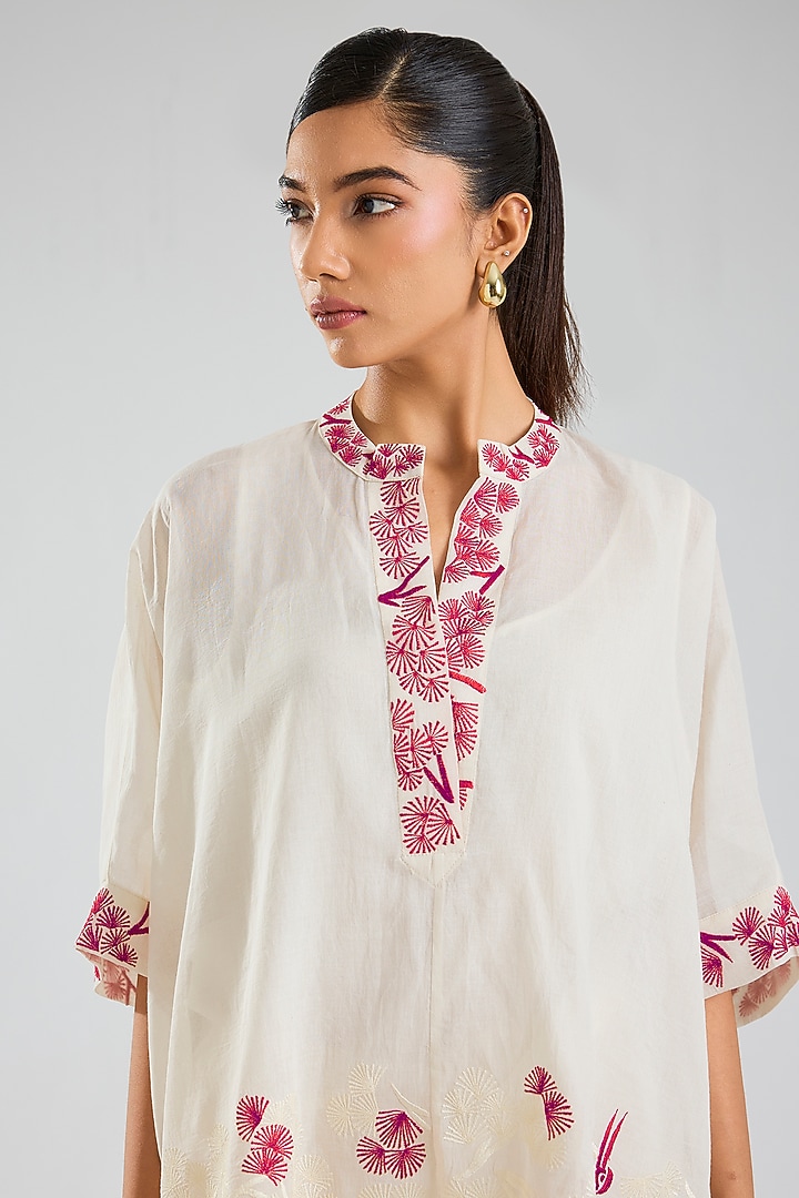 Ecru & Crimson Handloom Cotton Embroidered Top by Peachoo at Pernia's Pop Up Shop