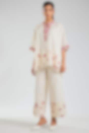 Ecru & Crimson Handloom Cotton Pants by Peachoo at Pernia's Pop Up Shop