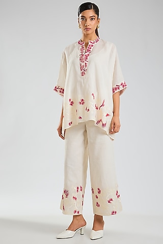 Ecru & Crimson Handloom Cotton Pants by Peachoo