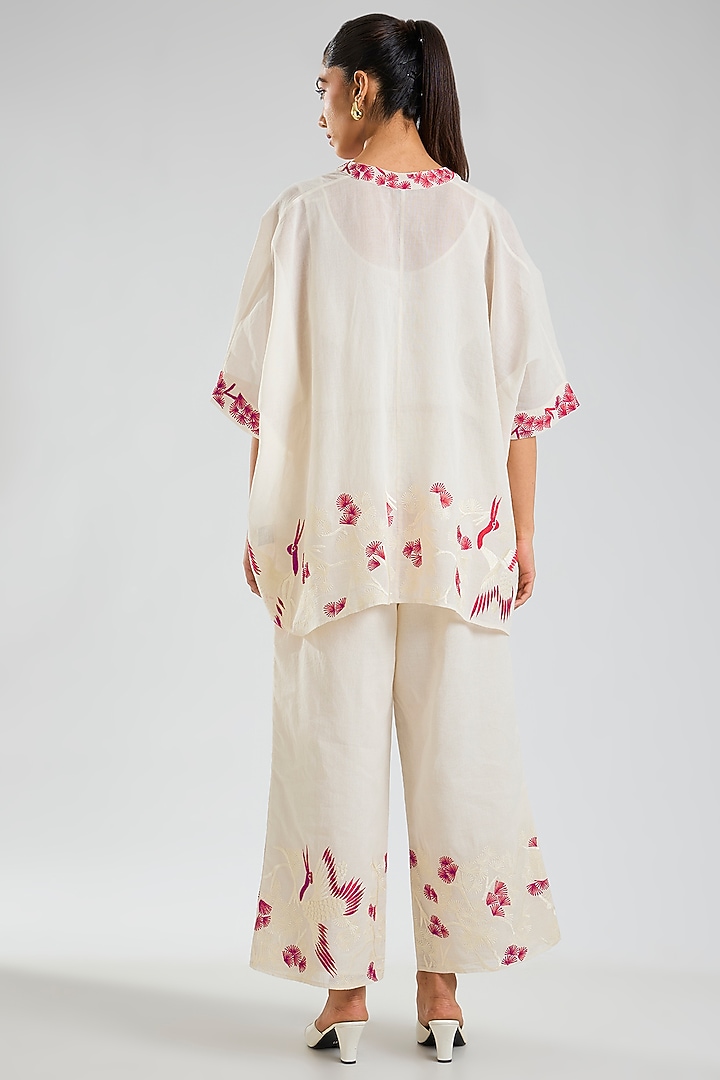 Ecru & Crimson Handloom Cotton Pants by Peachoo at Pernia's Pop Up Shop