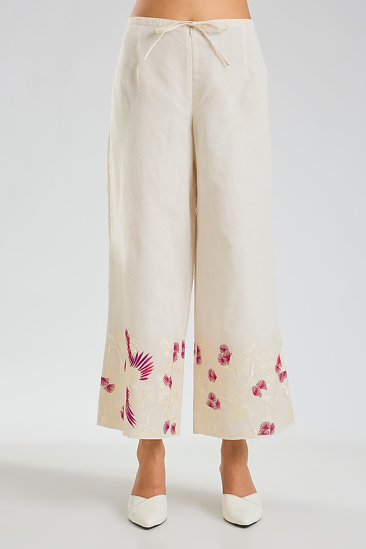 Ecru & Crimson Handloom Cotton Pants by Peachoo at Pernia's Pop Up Shop