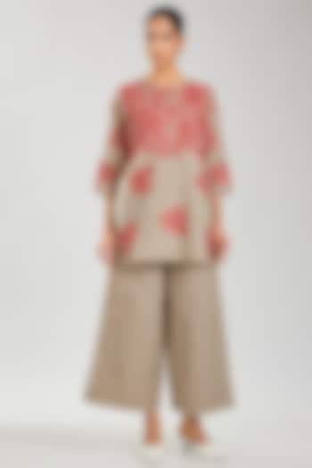 Natural & Crimson Handloom Cotton Thread Embroidered Top by Peachoo at Pernia's Pop Up Shop